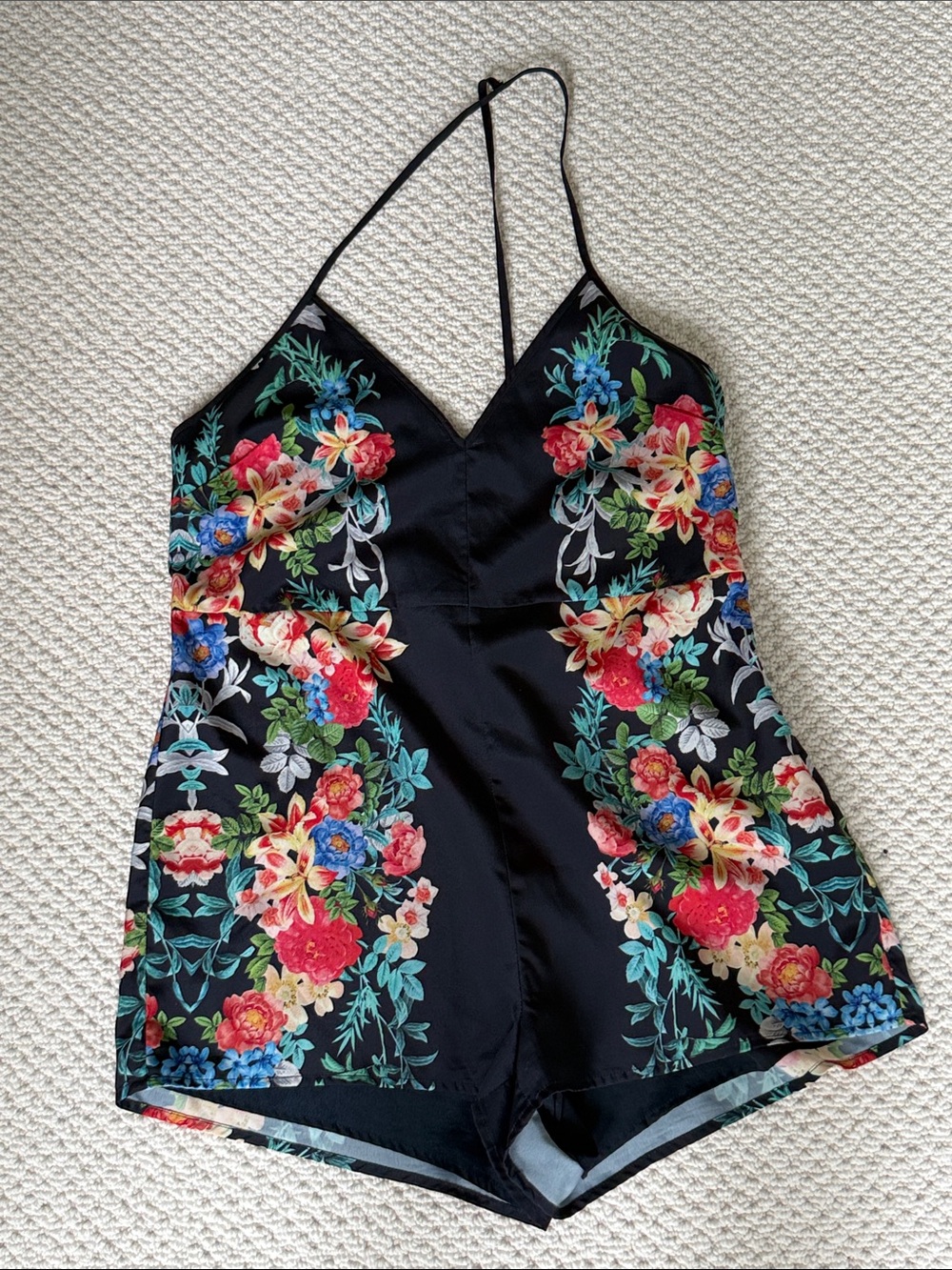 KEEPSAKE the Label Black Floral Romper with Red, Blue, Green Accents